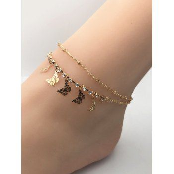 

Butterfly Charm Rhinestone Double Layer Chain Anklets, Golden