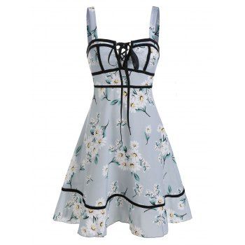 

Flower Print Lace-up Sleeveless Dress, Blue gray