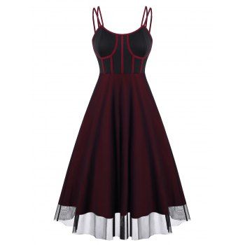 

Piping Corset Style Mesh Overlay Bustier Dress, Deep red
