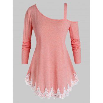 

Plus Size Skew Neck Lace Insert T Shirt, Rose