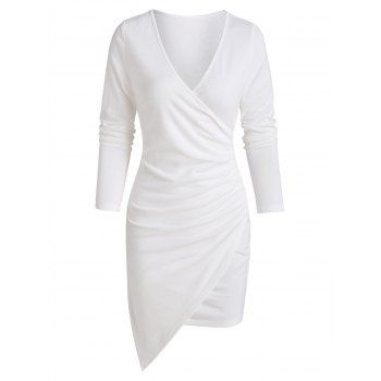 

Long Sleeve Asymmetric Surplice Sheath Dress, White