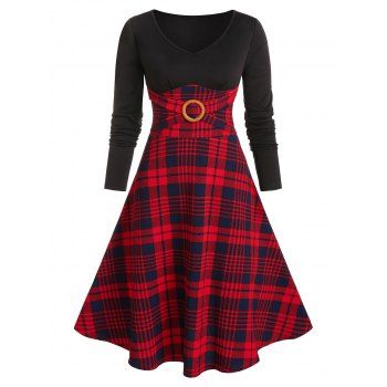 Image of Plaid Print O-ring Long Sleeve Dress
