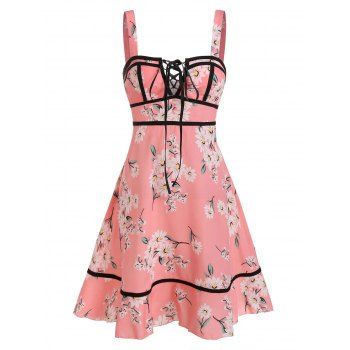 

Flower Print Lace-up Sleeveless Dress, Pink