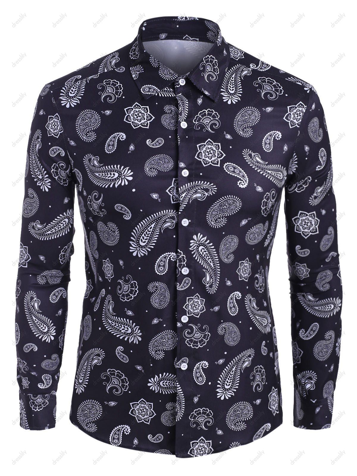 [70% OFF] 2021 Paisley Print Long Sleeve Button Up Shirt In BLACK ...