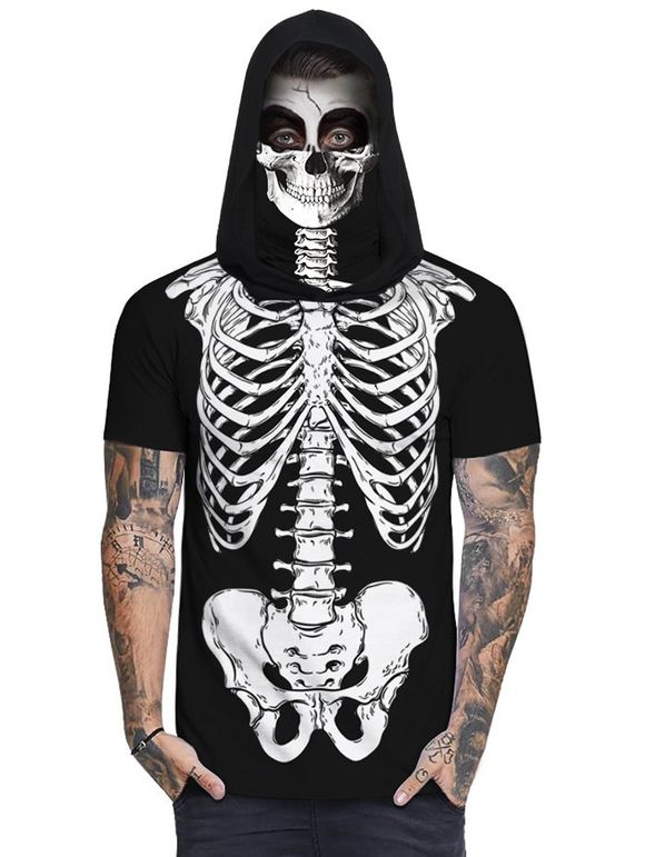 T-shirt à Capuche Crâne Masque Squelette Imprimée - Noir L