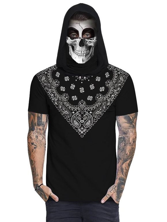T-shirt à Capuche Mouchoir Crâne Imprimée - Noir M
