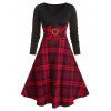 Robe à Carreaux Imprimée Anneau en O à Manches Longues - Rouge 2XL