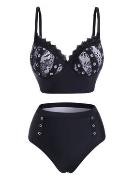 Lace Insert Grommet Push Up Tankini Swimwear