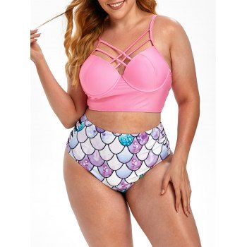 

Plus Size Scale Print Criss Cross Bustier Mermaid Bikini Swimsuit, Light pink