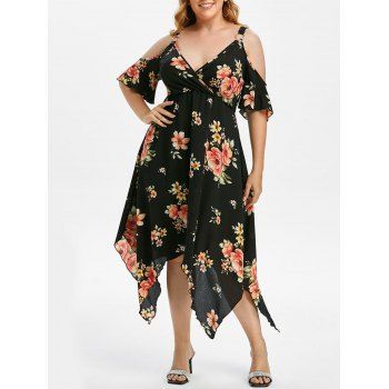 

Plus Size Floral Rings Cold Shoulder Asymmetrical Surplice Dress, Black