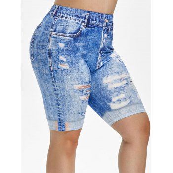 

Plus Size High Waist 3D Ripped Print Jeggings, Blue