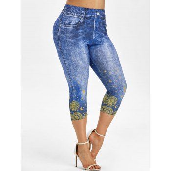 

Plus Size Moon and Sun 3D Print Cropped Jeggings, Blue