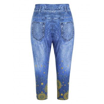 Plus Size Moon and Sun 3D Print Cropped Jeggings