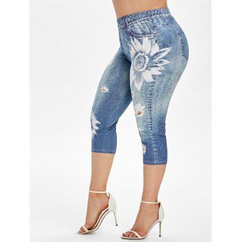 

Plus Size Daisy 3D Print Cropped Jeggings, Light blue