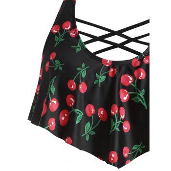 Plus Size Cherry Print Crisscross Tankini Swimwear