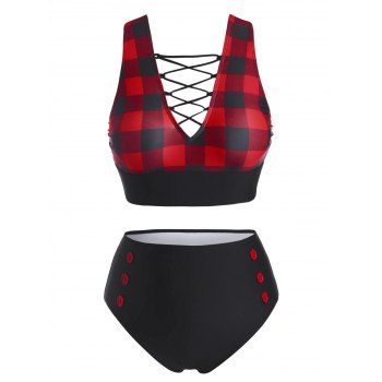 

Plus Size Criss Cross Checkered Mock Button Tankini Swimwear, Red
