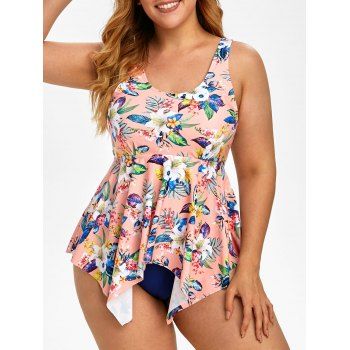 

Plus Size Tropical Flower Print Handkerchief Cutout Tankini Swimwear, Multicolor