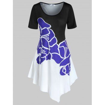 

Plus Size Flower Print Contrast Uneven Hem Long Tee, Black