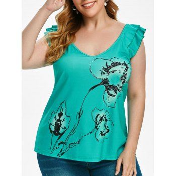 

Ruffled Sleeve Printed Tank Top, Celeste