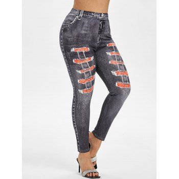 

Plus Size 3D Distressed Print Skinny Jeggings, Black