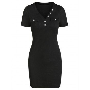 

Double Pockets Ribbed Sheath Dress, Black