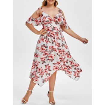 

Plus Size Ruffled Cold Shoulder Floral Print Handkerchief Dress, White