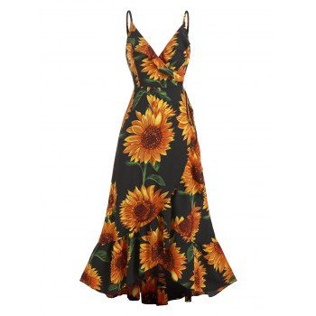 

Sunflower Print Spaghetti Strap Wrap Maxi Dress, Black