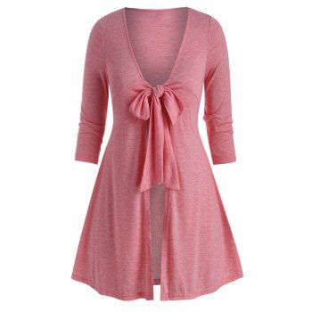 

Plus Size Front Tie Plunge Long Tunic Tee, Light pink