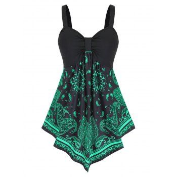 

Plus Size Paisley Flower Print Asymmetric Backless Tank Top, Sea turtle green