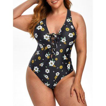 

Plus Size Floral Print Crisscross Lace Up One-piece Swimsuit, Black