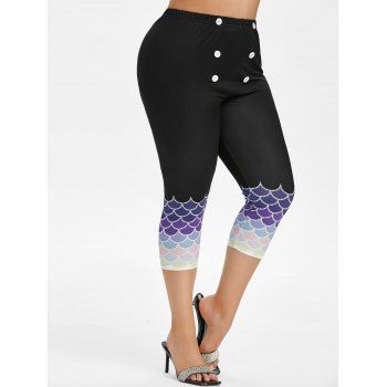 

Plus Size Sailor Button Scale Print Cropped Leggings, Black