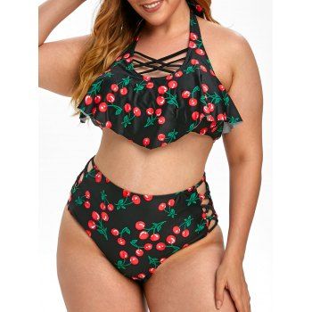 

Plus Size Cherry Print Crisscross Tankini Swimwear, Black