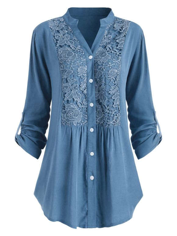 Chemise au Crochet en Dentelle à Manches Roulées Grande Taille - Bleu 5XL