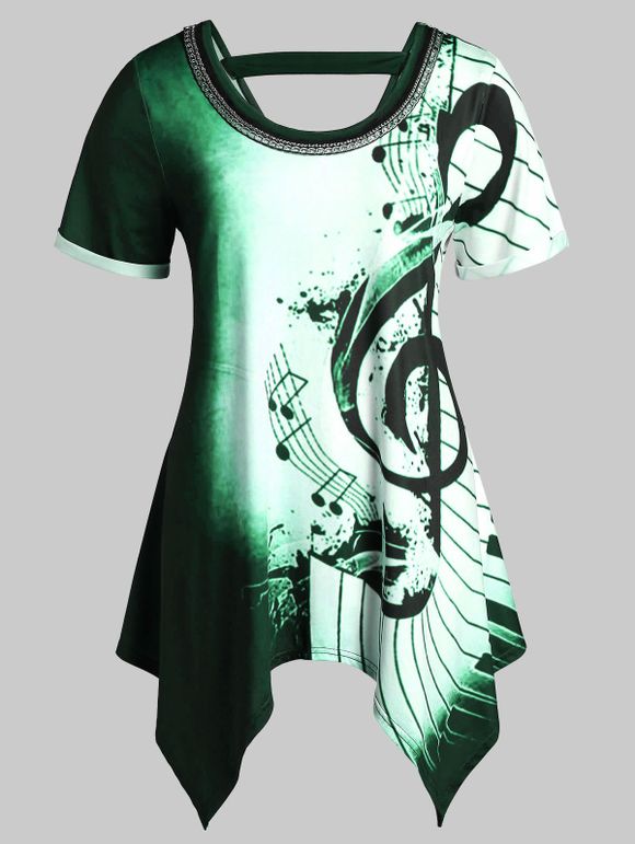 T-shirt Asymétrique Embelli de Chaîne Note de Musique Imprimée de Grande Taille - Vert clair 5X