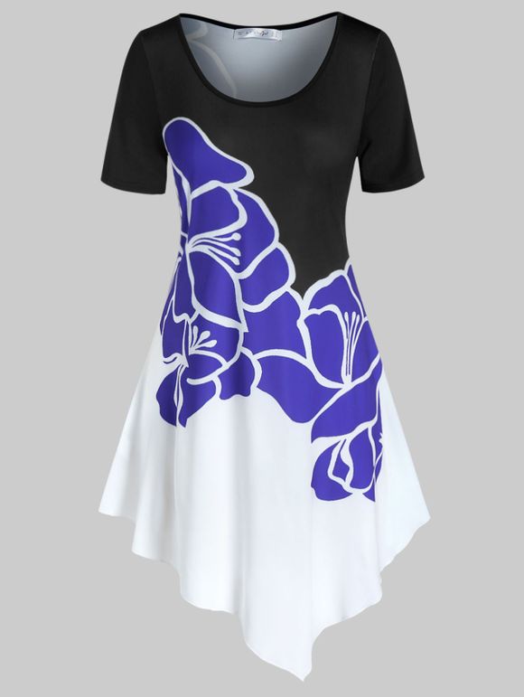 T-shirt Long à Imprimé Fleur de Grande Taille à Ourlet Contrasté - Noir 4X