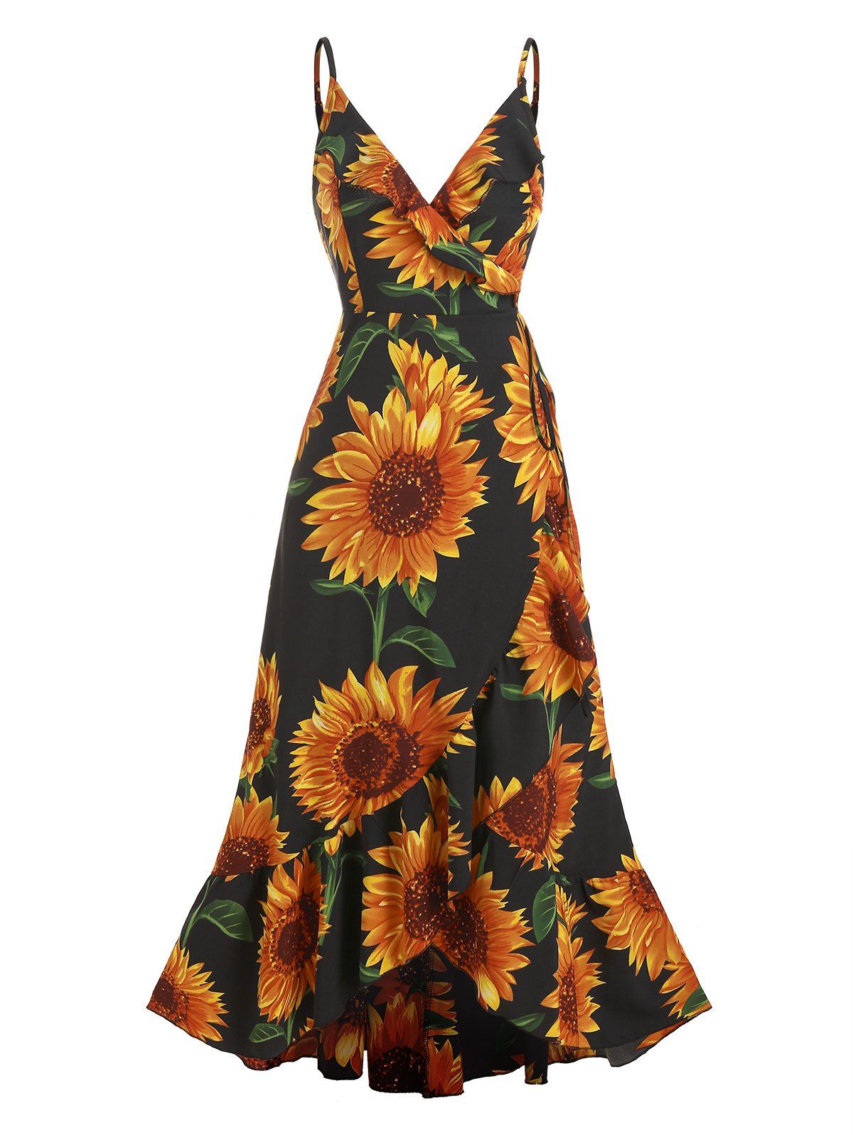 Sunflower Print Spaghetti Strap Wrap Maxi Dress - BLACK 3XL