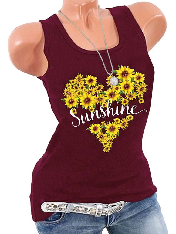 Débardeur Graphique Tournesol Imprimé de Grande Taille - Rouge foncé 5X