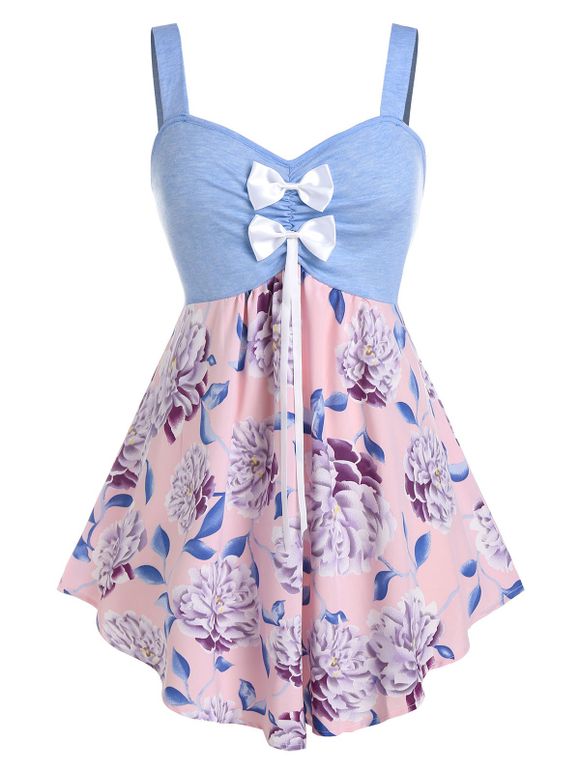 Débardeur Tunique Fleur Imprimée sans Dos de Grande Taille avec Nœud Papillon - Bleu Cristal 5X