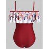 Feather Print Ruffles Open Shoulder Plus Size Swimsuit - RED WINE 5X