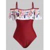 Feather Print Ruffles Open Shoulder Plus Size Swimsuit - RED WINE 5X