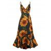 Sunflower Print Spaghetti Strap Wrap Maxi Dress - BLACK M