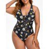 Maillot de Bain Croisé Fleuri Imprimé de Grande Taille à Lacets Une-Pièce - Noir 3X