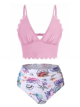 Shell Starfish Print Ruched Padded Bikini Set