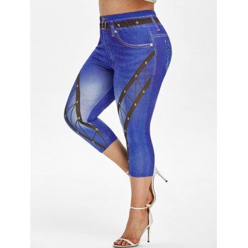 

Plus Size Belt 3D Print High Rise Capri Jeggings, Blue