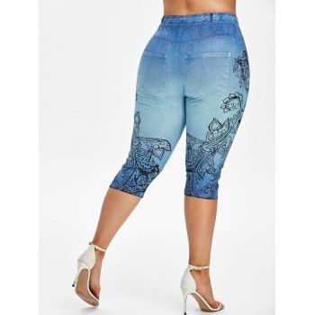 

Plus Size High Rise 3D Print Capri Jeggings, Light blue