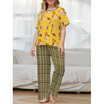 

Plus Size Short Sleeve Flower Grid Pajama Pants Set, Deep yellow