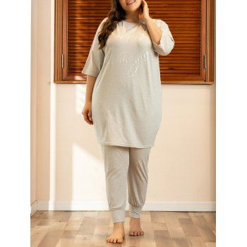 

Plus Size Letter Graphic Drop Shoulder Pajama Pants Set, Light gray