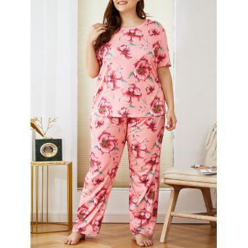 

Plus Size Flower Print Short Sleeve Pajamas Set, Light pink