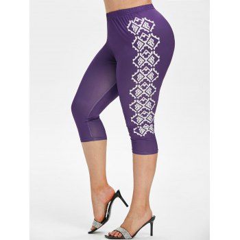 

Geometric Print High Waisted Plus Size Capri Leggings, Purple