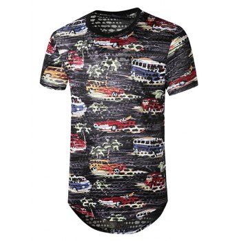 

Car Palm Tree Print Sheer Patch Hole Longline T Shirt, Black